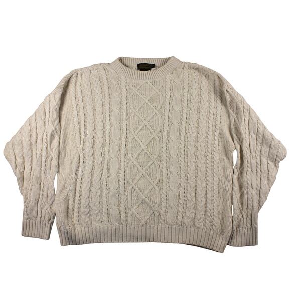 Eddie Bauer Sweater Cableknit Off White Mens XL US Made Cotton Wide Fit - Picture 1 of 7